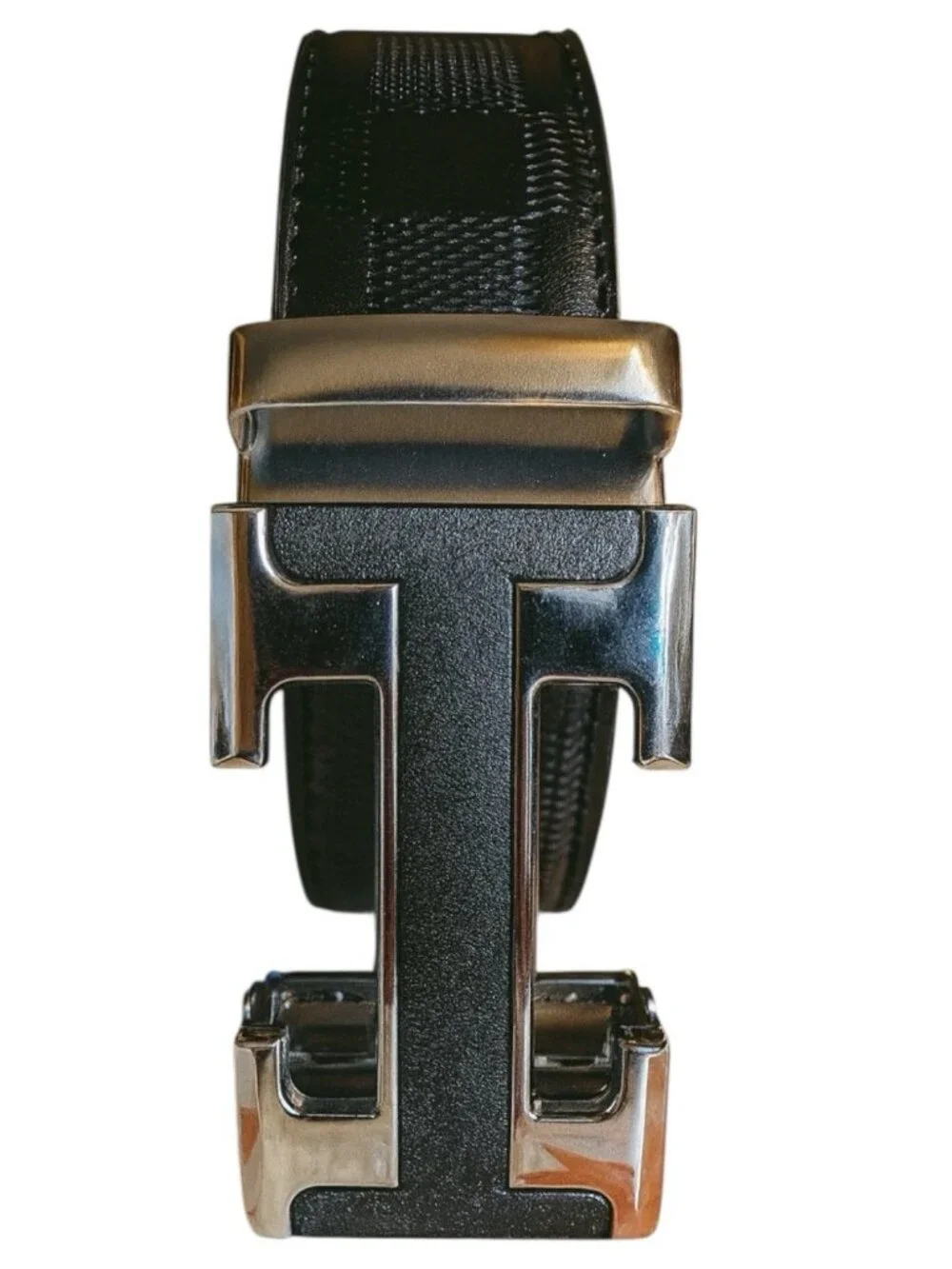 Elegant Men Fashion Belt PU Leather Brass Silver Buckle Black Size 48